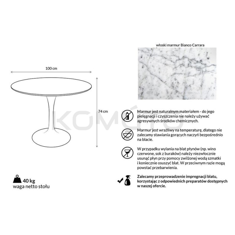 Stół Tulip z marmurem Bianco Carrara 100 - elegancja i styl