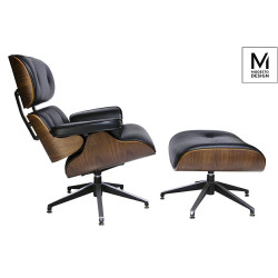 Fotel Bauhaus LOUNGE z podnóżkiem- sklejka orzech, ekoskóra