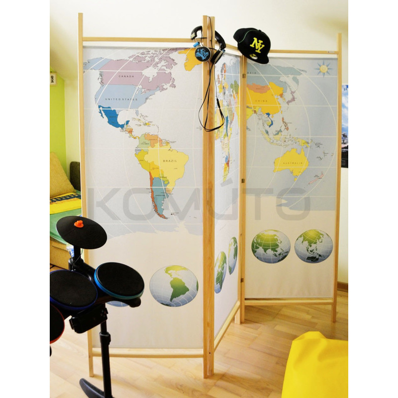 Parawan dziecięcy Mapa 3 skrzydłowy do pokoju nastolatka