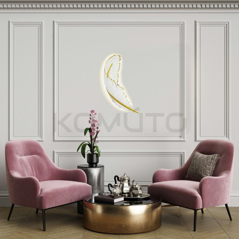 Kinkiet glamour Piórko biało złoty dekoracyjny artystyczny