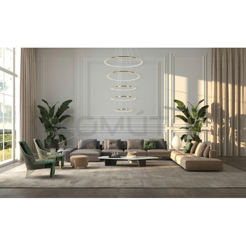 Lampa wisząca RING SLIM5 złotych okręgów do wysokiego salonu Lampa wisząca RING SLIM5 złotych okręgów do wysokiego salonu