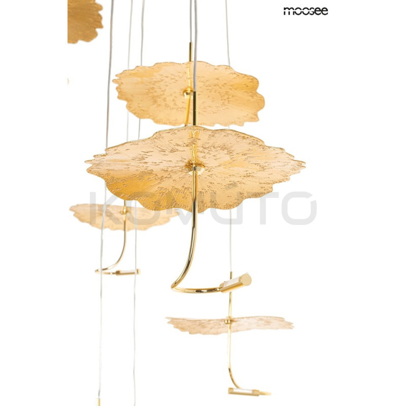 Designerska Lampa wisząca LEAFS DISC złota do wysokiego salonu Designerska Lampa wisząca LEAFS DISC złota do wysokiego salonu