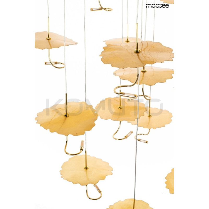 Designerska Lampa wisząca LEAFS DISC złota do wysokiego salonu Designerska Lampa wisząca LEAFS DISC złota do wysokiego salonu
