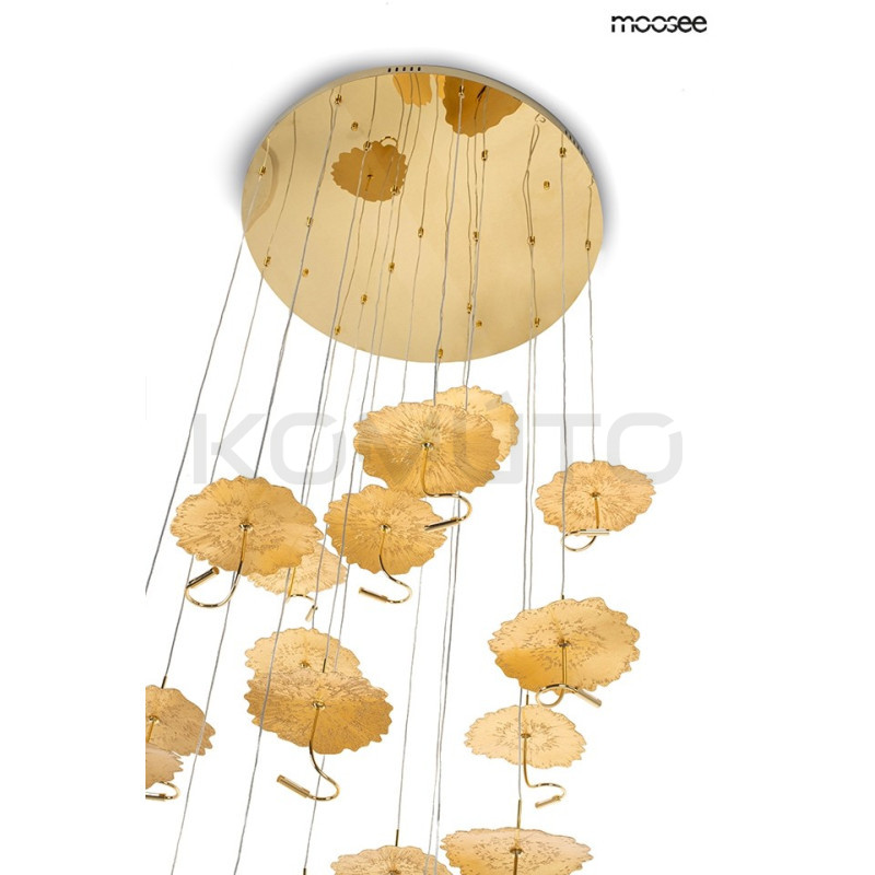 Designerska Lampa wisząca LEAFS DISC złota do wysokiego salonu Designerska Lampa wisząca LEAFS DISC złota do wysokiego salonu