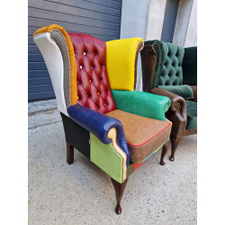 Fotel Chesterfield Uszak Lord kolorowy patchwork skóra