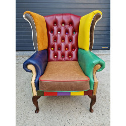 Fotel Chesterfield Uszak Lord kolorowy patchwork skóra