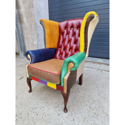 Fotel Chesterfield Uszak Lord kolorowy patchwork skóra