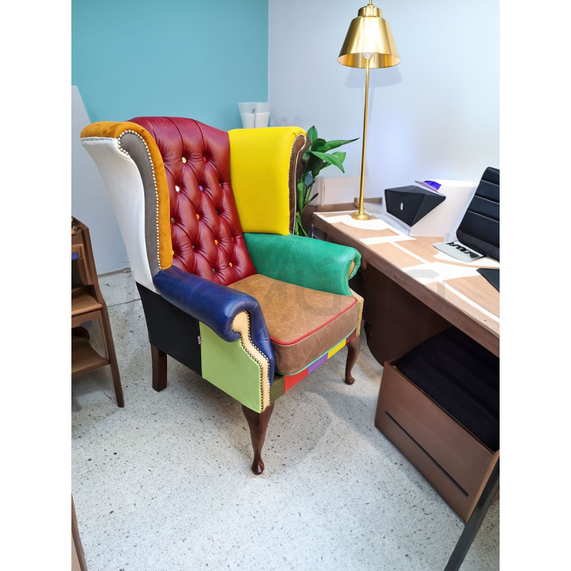 Fotel Chesterfield Uszak Lord kolorowy patchwork skóra
