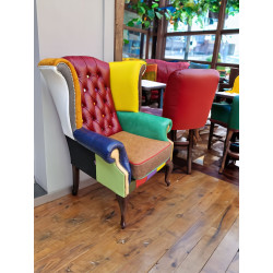 Fotel Chesterfield Uszak Lord kolorowy patchwork skóra