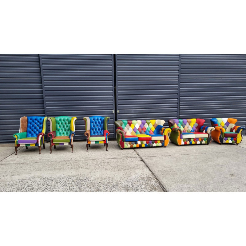 Fotel Chesterfield Uszak Lord kolorowy patchwork skóra