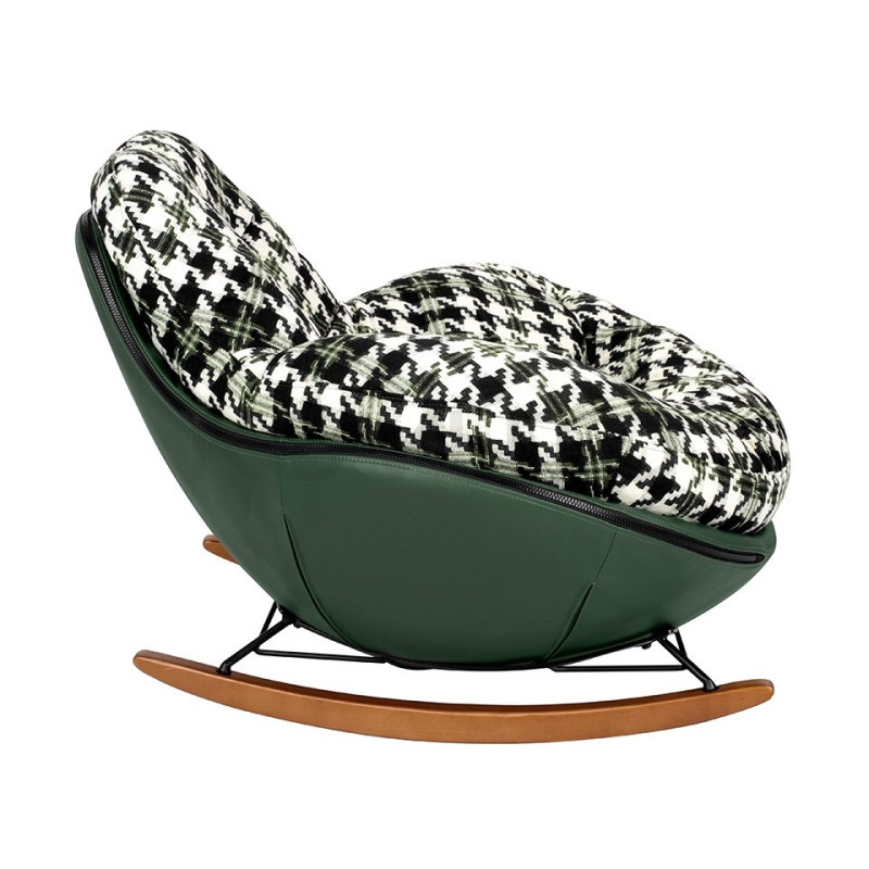 Fotel bujany zielona pepitka Fatty eko-skóra drewniane płozy