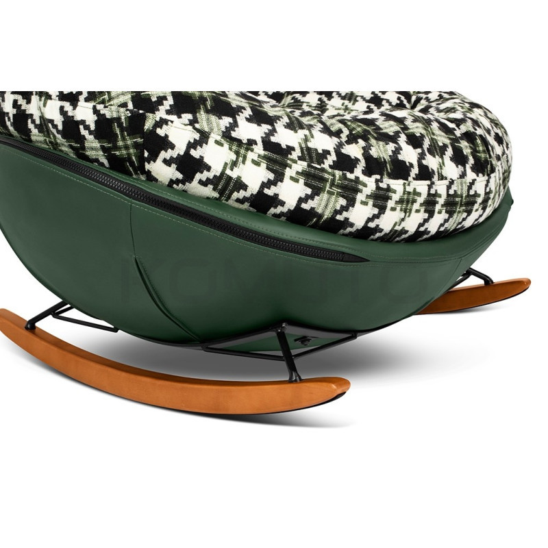 Fotel bujany zielona pepitka Fatty eko-skóra drewniane płozy