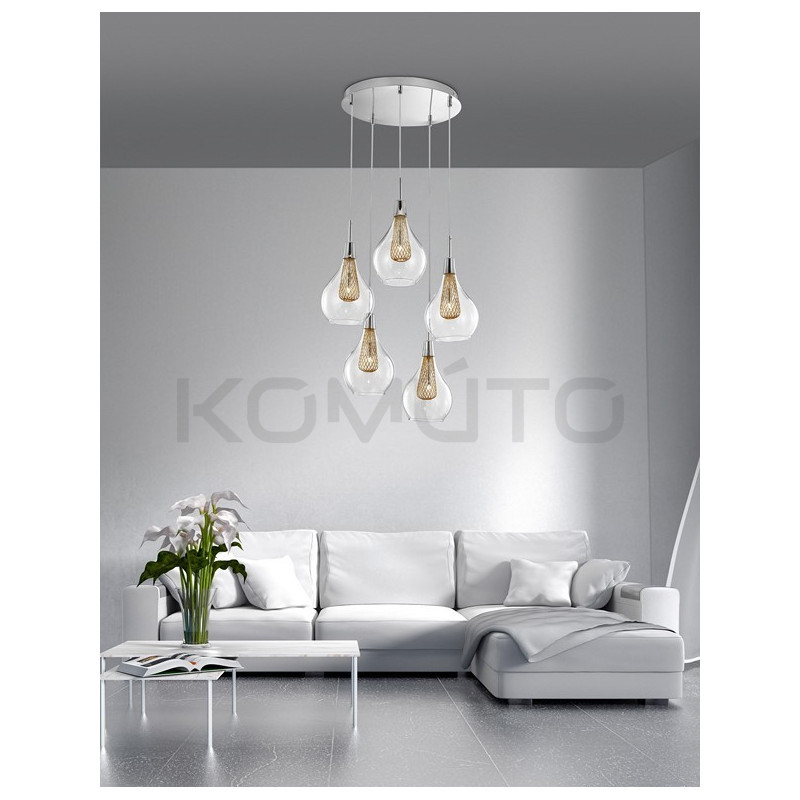 Szklana Lampa Wisząca Frame 5 punktowa przezroczysta złota Szklana Lampa Wisząca Frame 5 punktowa przezroczysta złota