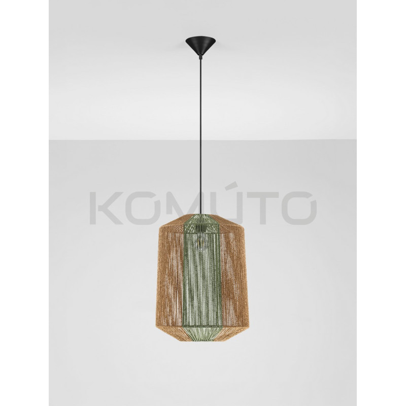 Naturalna lampa wisząca ze sznurka Miron z zielonym akcentem