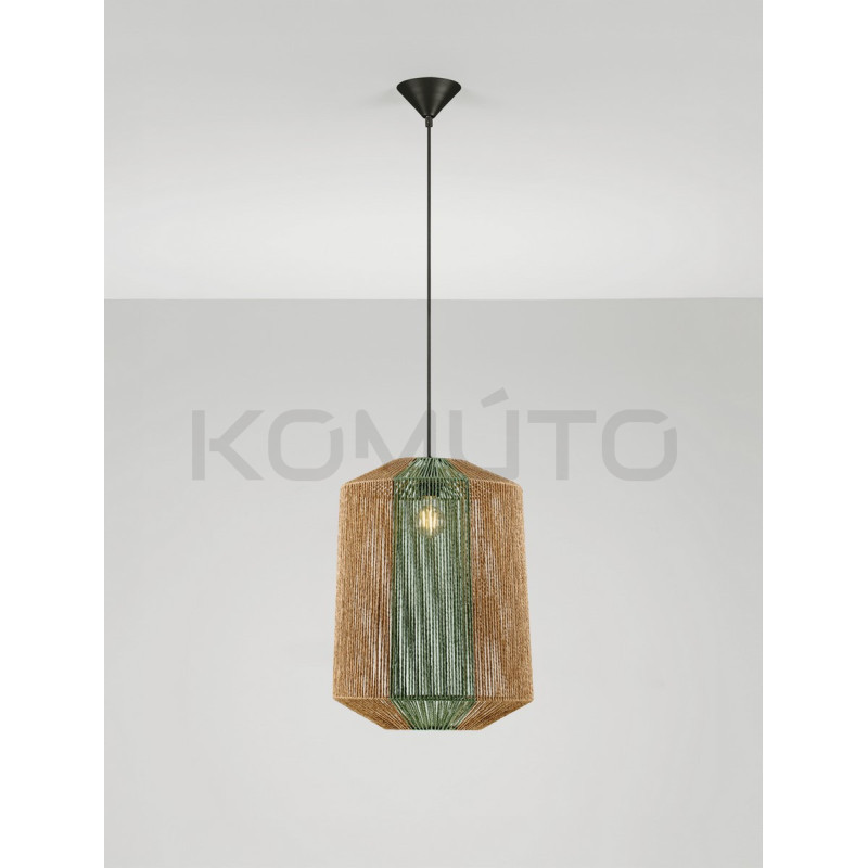 Naturalna lampa wisząca ze sznurka Miron z zielonym akcentem