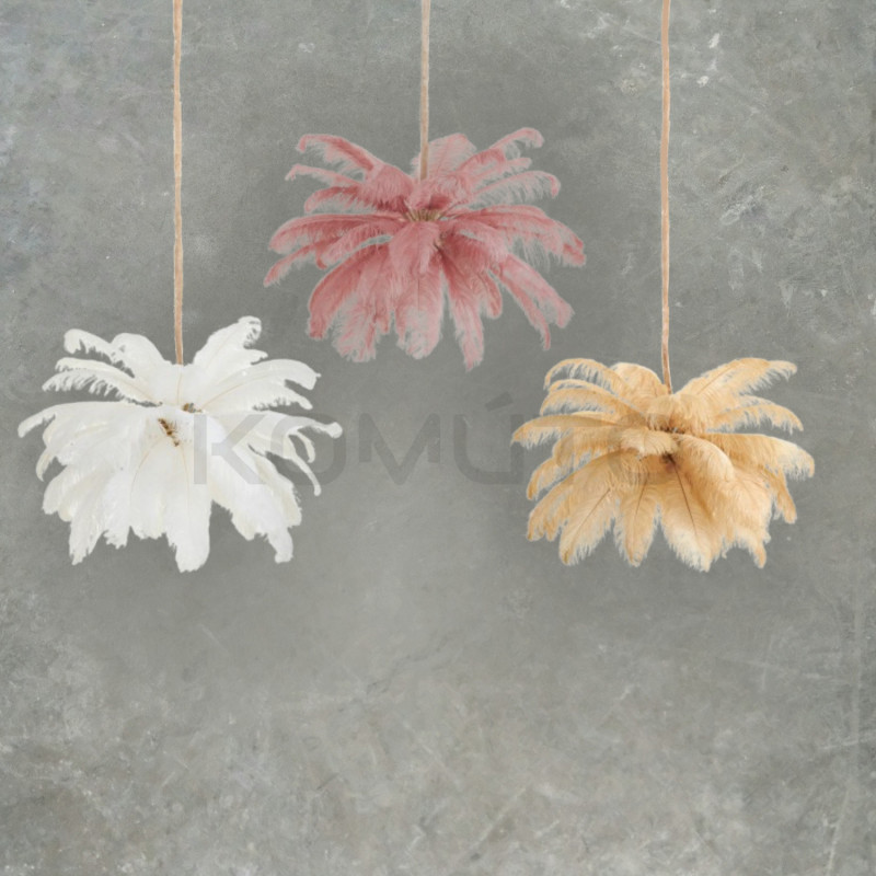 Lampa z Piór EMU – Beżowa, Różowa, Biała | Lampa Wisząca