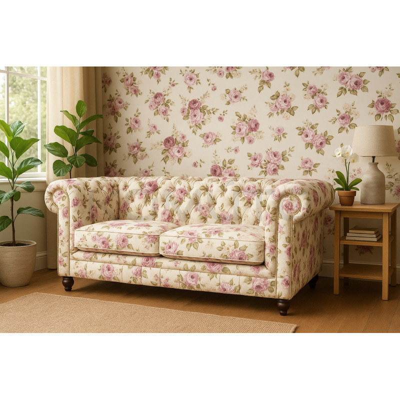 Pikowana Sofa Chesterfield 3 osobowa Lady wzór kwiatowy Pikowana Sofa Chesterfield 3 osobowa Lady wzór kwiatowy