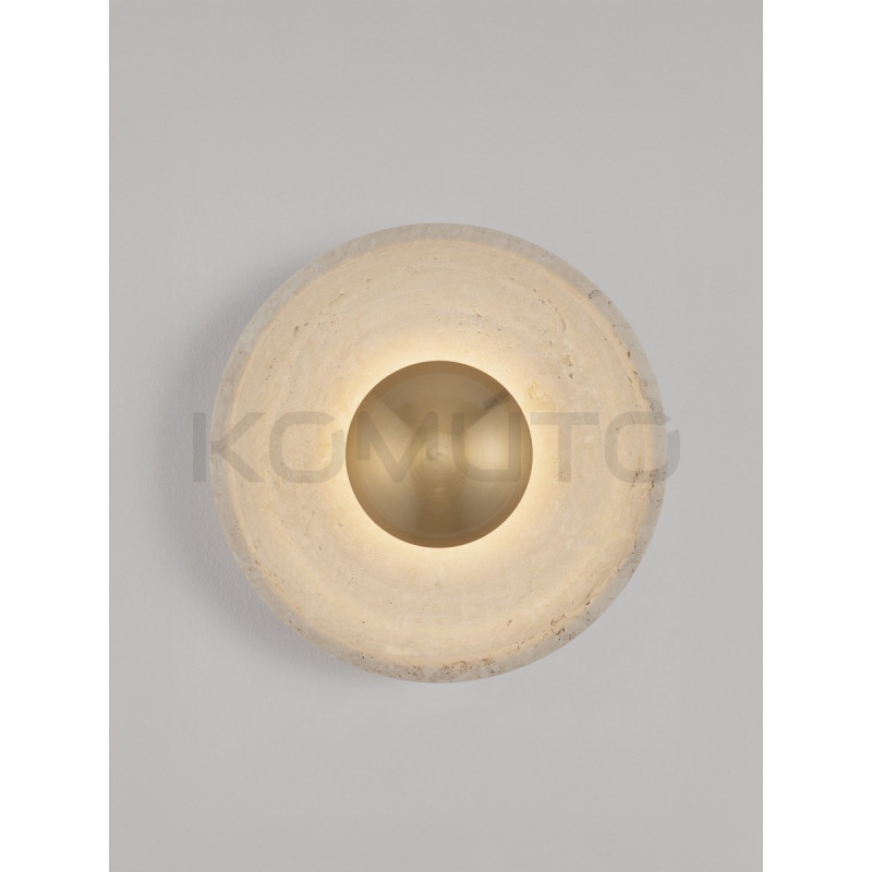 Okrągły kinkiet Saturn z kamienia – trawertynu i złoty metal