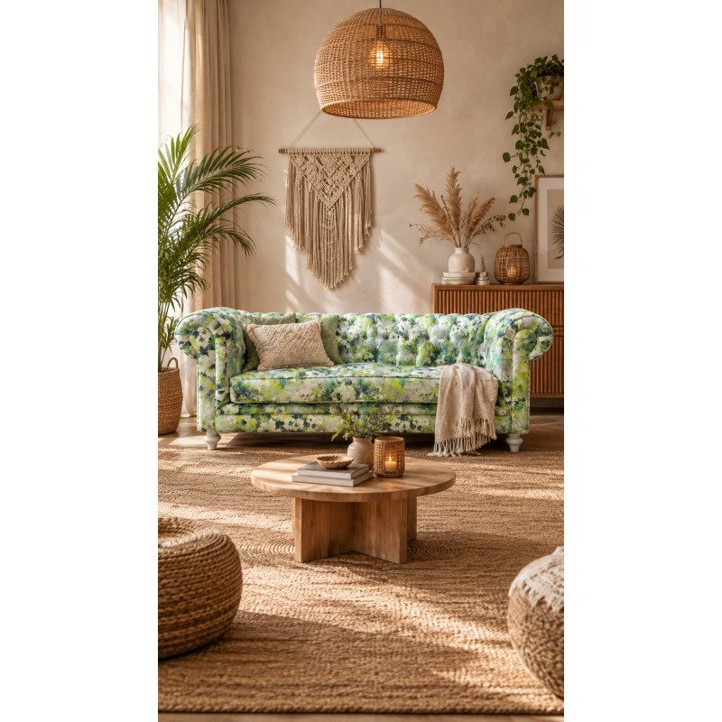 Pikowana Sofa Chesterfield 3 osobowa Lady wzór kwiatowy